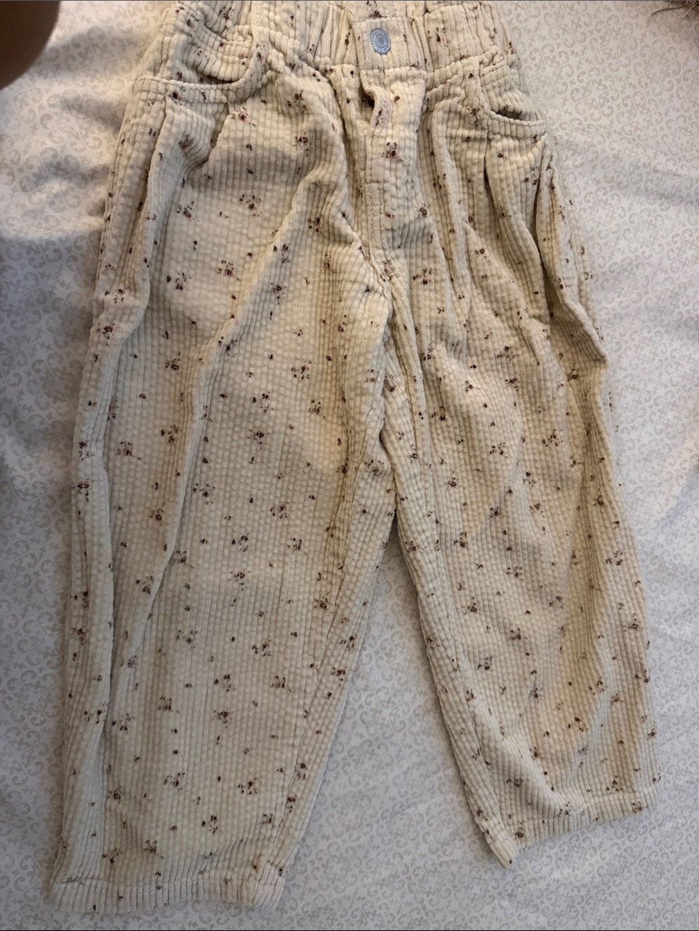 Zara Cream Corduroy Pants with Tiny Brown Floral Print